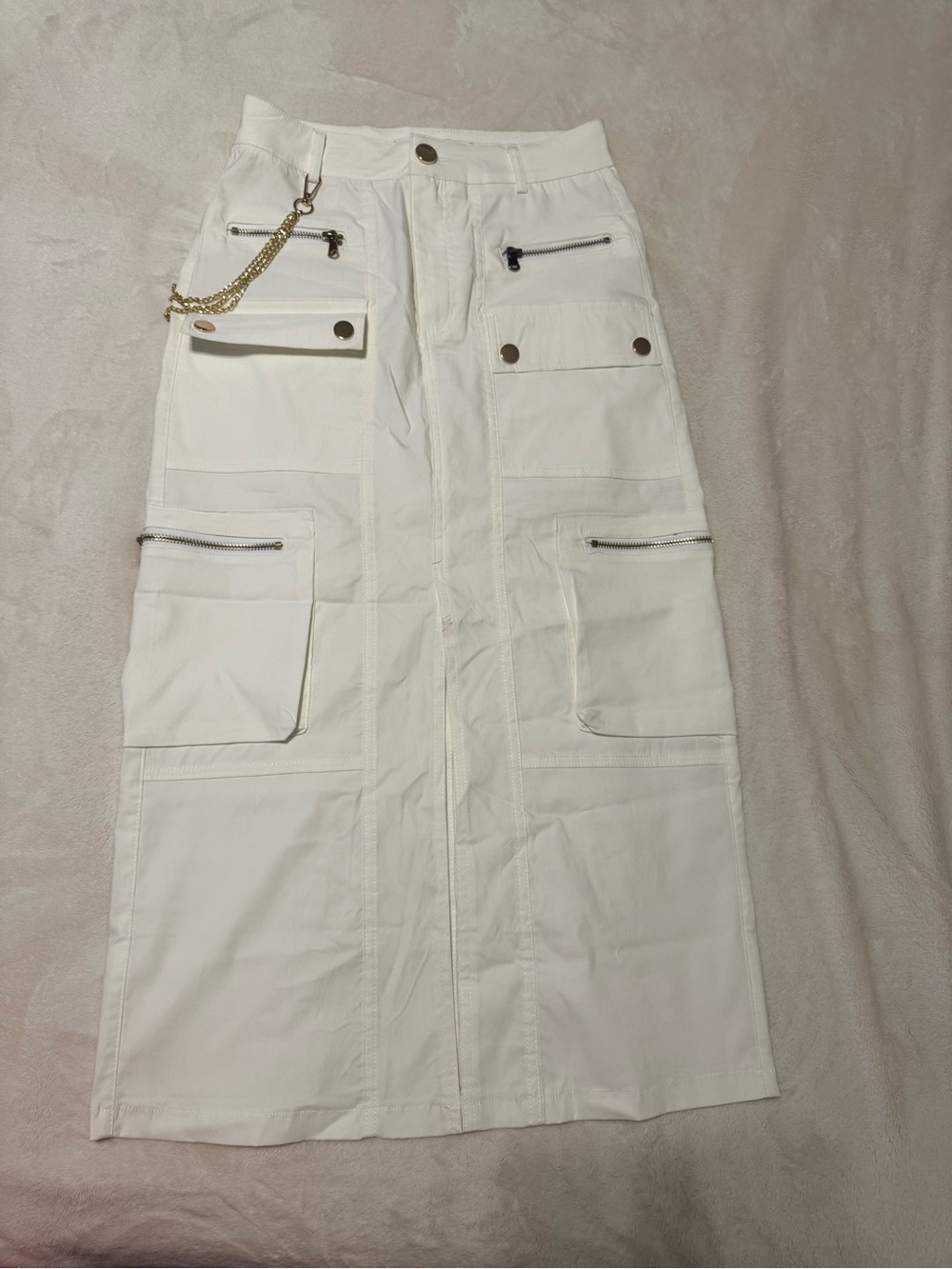 White Cargo Midi Skirt with Pocket Details